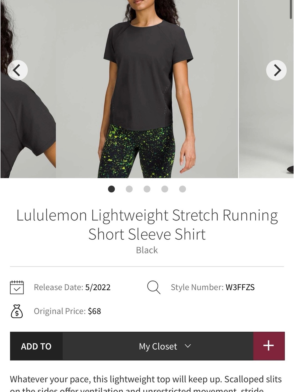 lululemon athletica Black Lightweight Run Tee fast & free t shirt